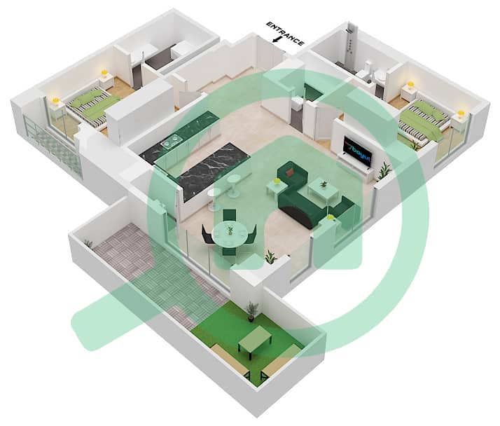المخططات الطابقية لتصميم الوحدة 35 شقة 2 غرفة نوم - ذا نايبرهود interactive3D