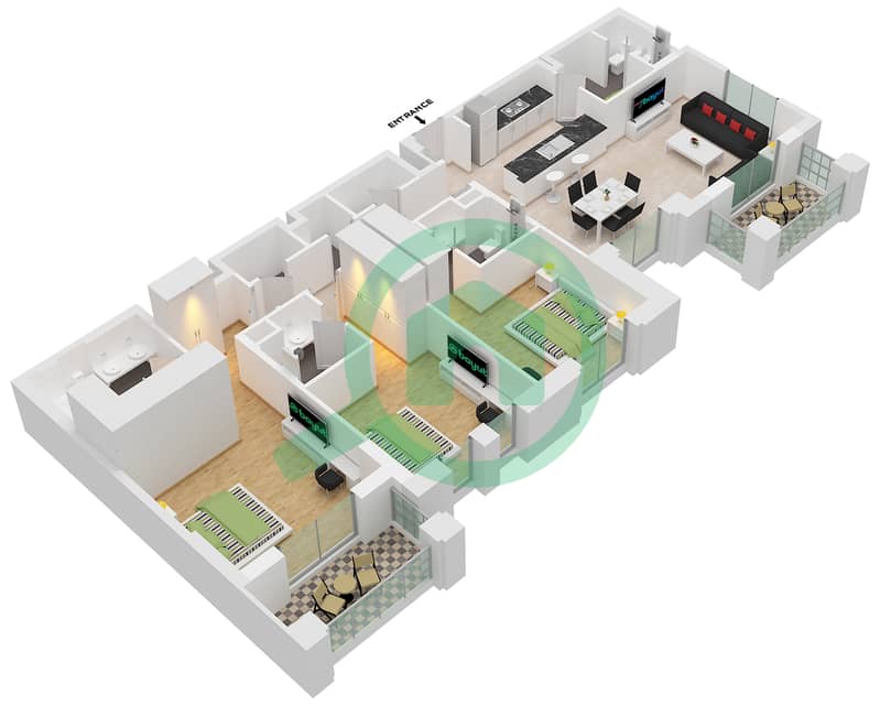 المخططات الطابقية لتصميم النموذج / الوحدة A1-UNIT-104-201-FLOOR 1,2 شقة 3 غرف نوم - بناية لماع 1 interactive3D