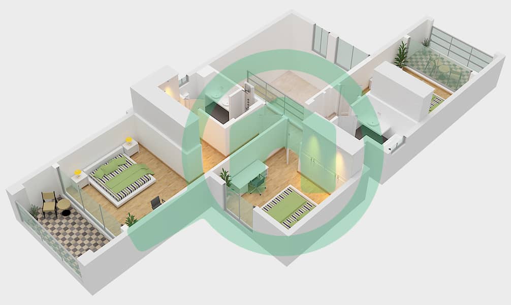 المخططات الطابقية لتصميم النموذج B فیلا 3 غرف نوم - فلل فيرواي 2 First Floor interactive3D