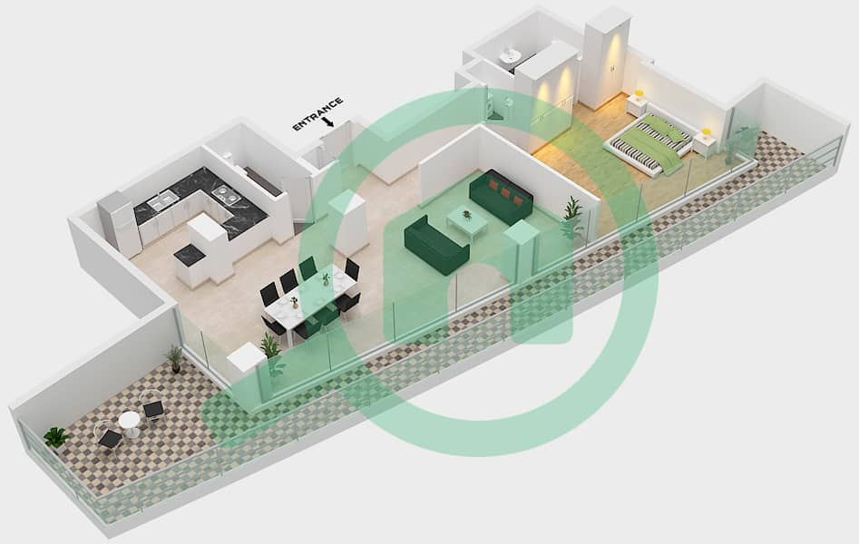 المخططات الطابقية لتصميم النموذج 1E شقة 1 غرفة نوم - البرزة interactive3D