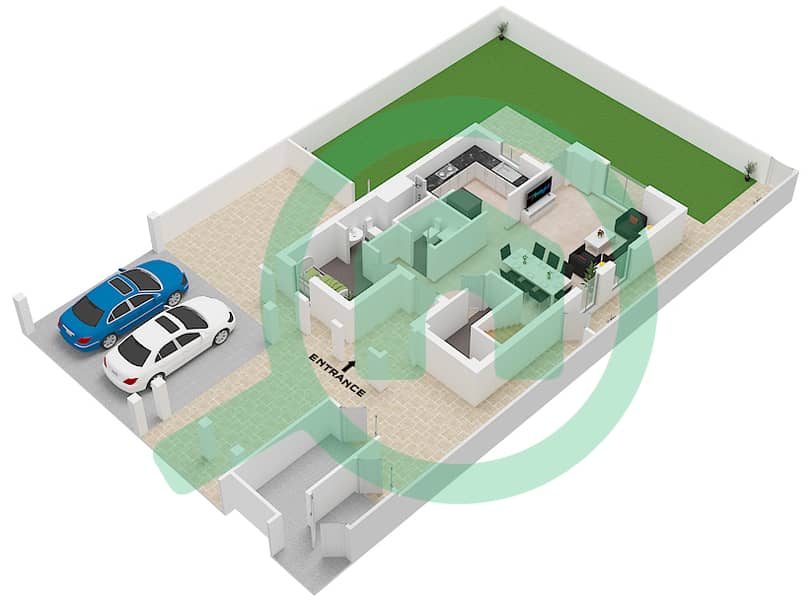 المخططات الطابقية لتصميم النموذج B فیلا 3 غرف نوم - ياس بارك فيوز Ground Floor interactive3D