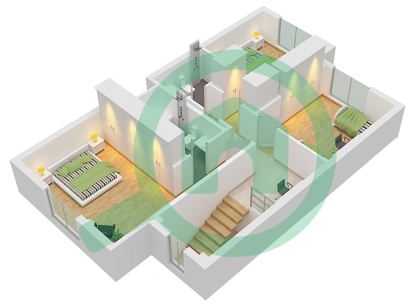 المخططات الطابقية لتصميم النموذج B فیلا 3 غرف نوم - ياس بارك فيوز First Floor interactive3D