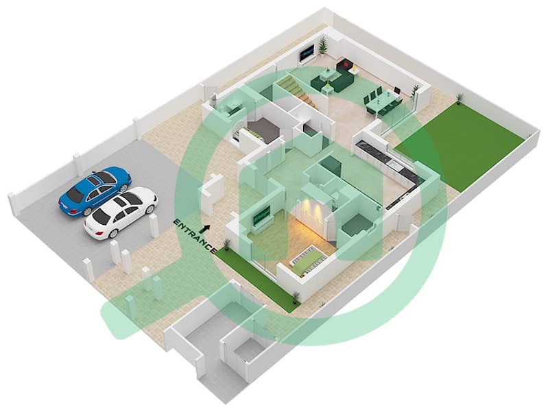 المخططات الطابقية لتصميم النموذج C فیلا 5 غرف نوم - ياس بارك فيوز Ground Floor interactive3D