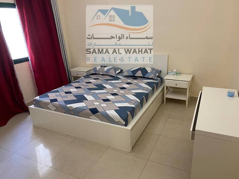 Super deluxe room and lounge, two bathrooms, large balcony, Sharjah Al Taawun, furnished, hotel furniture, Sharjah Al Taawun, view of the main street,