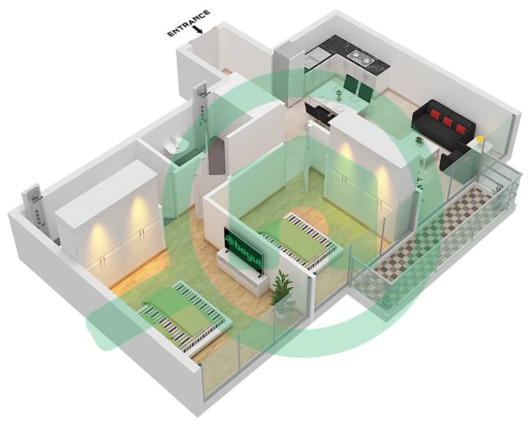 Azizi Riviera 15 - 2 Bedroom Apartment Type 1B-FLOOR 2-7 Floor plan interactive3D