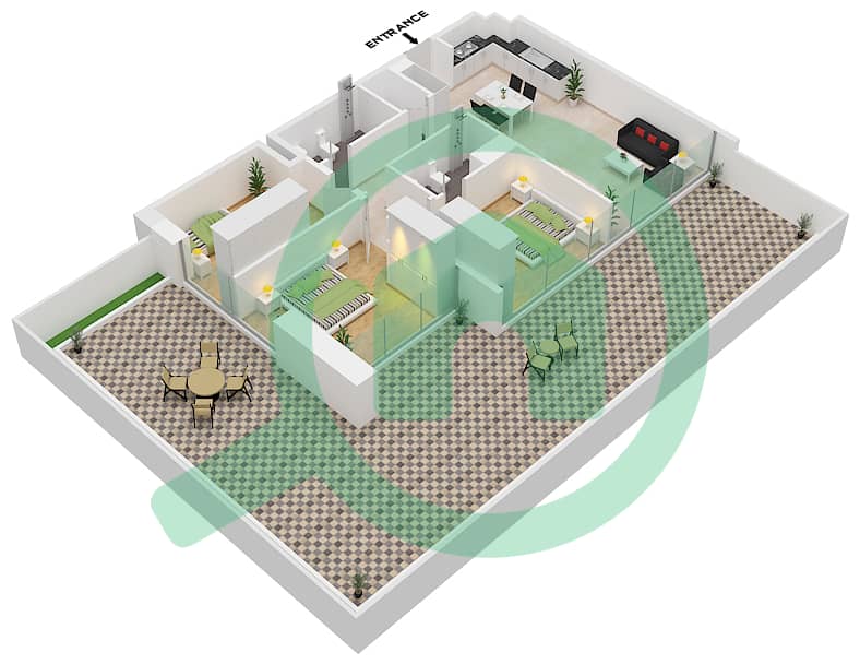 Азизи Ривьера 15 - Апартамент 3 Cпальни планировка Тип 1-FIRST FLOOR interactive3D