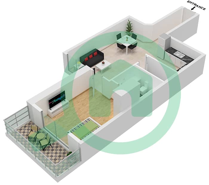 المخططات الطابقية لتصميم الوحدة 2302 شقة 1 غرفة نوم - إليت داون تاون ريزيدنس interactive3D