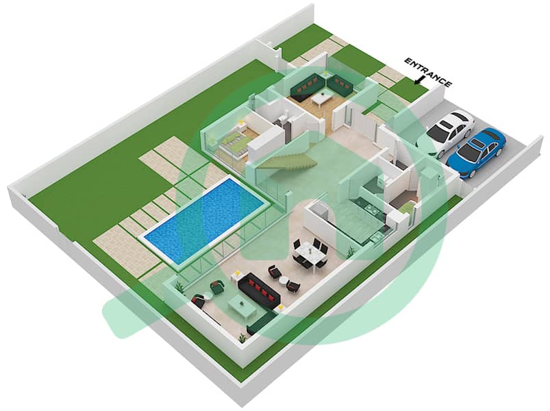 المخططات الطابقية لتصميم النموذج A فیلا 4 غرف نوم - روبينيا Ground Floor interactive3D