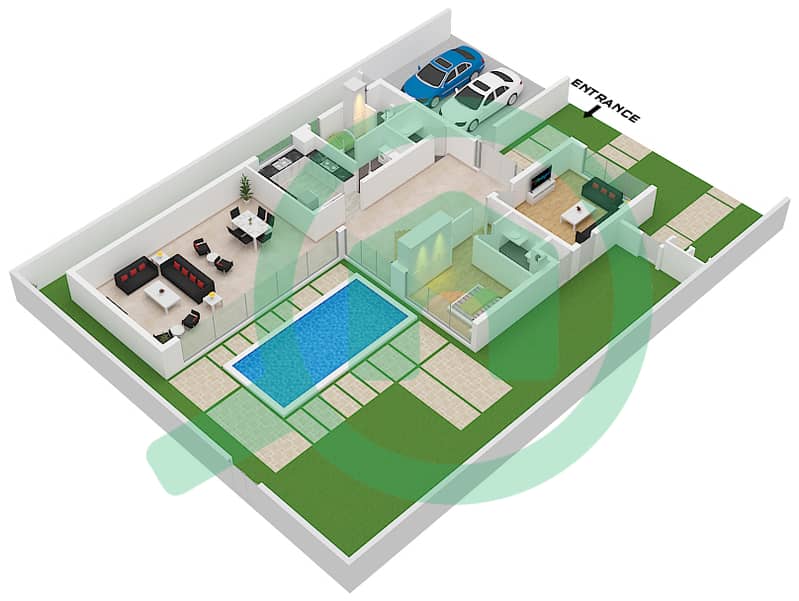 المخططات الطابقية لتصميم النموذج B تاون هاوس 4 غرف نوم - روبينيا Ground Floor interactive3D