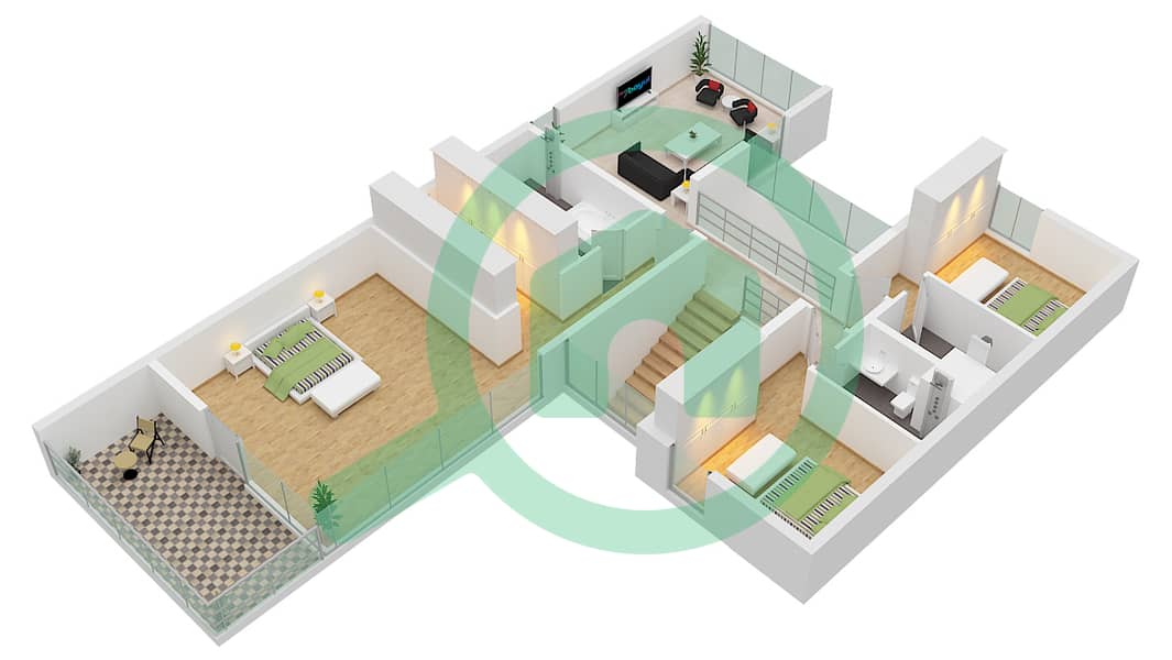 المخططات الطابقية لتصميم النموذج B تاون هاوس 4 غرف نوم - روبينيا First Floor interactive3D