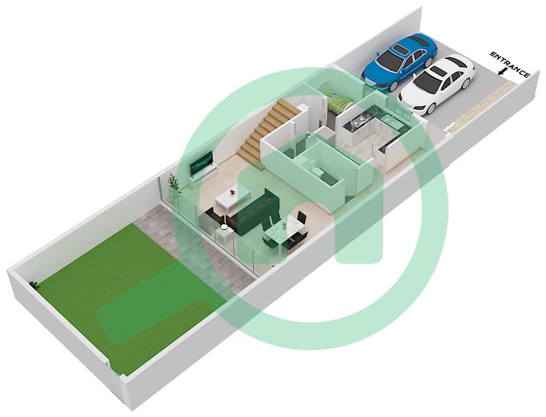 المخططات الطابقية لتصميم النموذج B تاون هاوس 2 غرفة نوم - روبينيا Ground Floor interactive3D