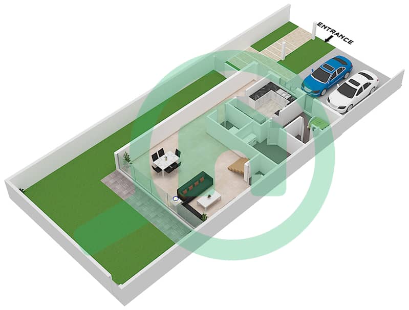 المخططات الطابقية لتصميم النموذج 1-B تاون هاوس 3 غرف نوم - روبينيا Ground Floor interactive3D