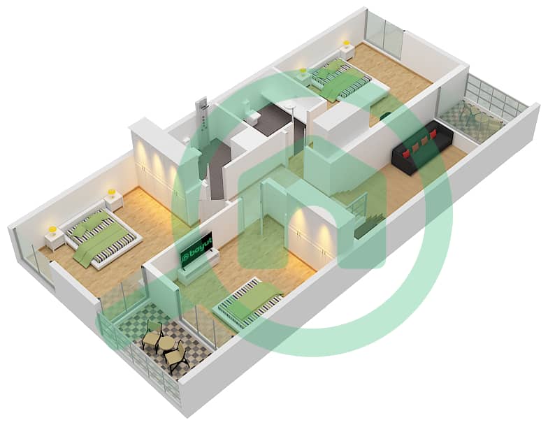 المخططات الطابقية لتصميم النموذج 1-B تاون هاوس 3 غرف نوم - روبينيا First Floor interactive3D