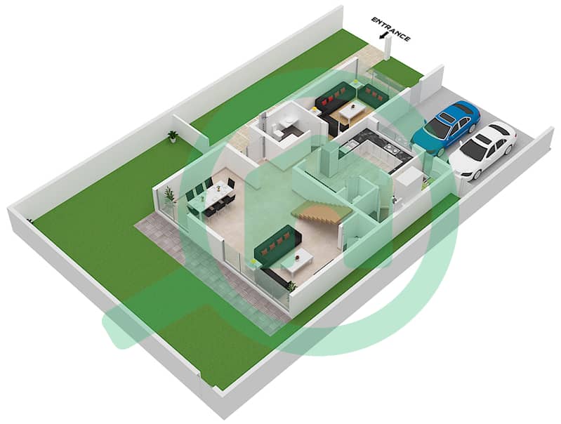 المخططات الطابقية لتصميم النموذج B فیلا 4 غرف نوم - روبينيا Ground Floor interactive3D