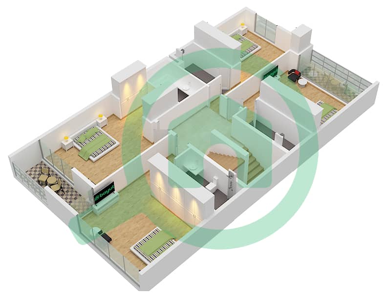 المخططات الطابقية لتصميم النموذج B فیلا 4 غرف نوم - روبينيا First Floor interactive3D
