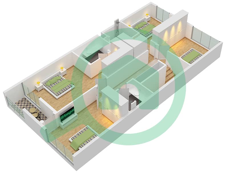 المخططات الطابقية لتصميم النموذج A تاون هاوس 4 غرف نوم - روبينيا First Floor interactive3D