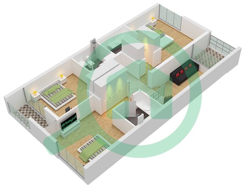 المخططات الطابقية لتصميم النموذج 2-B تاون هاوس 3 غرف نوم - روبينيا First Floor interactive3D