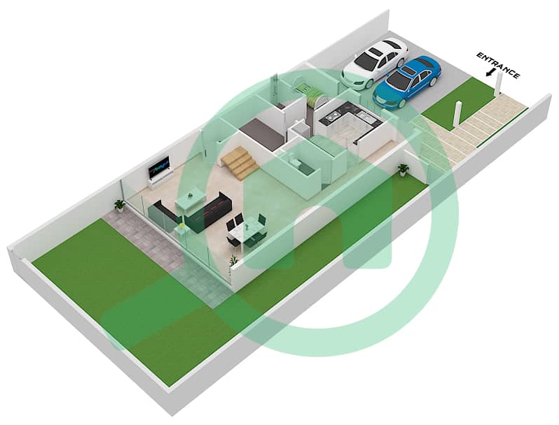المخططات الطابقية لتصميم النموذج 2-A تاون هاوس 3 غرف نوم - روبينيا Ground Floor interactive3D