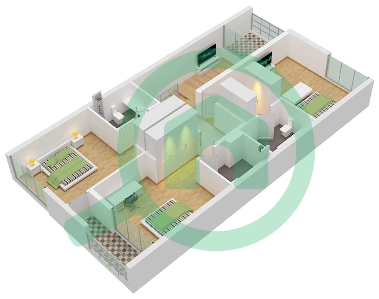المخططات الطابقية لتصميم النموذج 2-A تاون هاوس 3 غرف نوم - روبينيا First Floor interactive3D