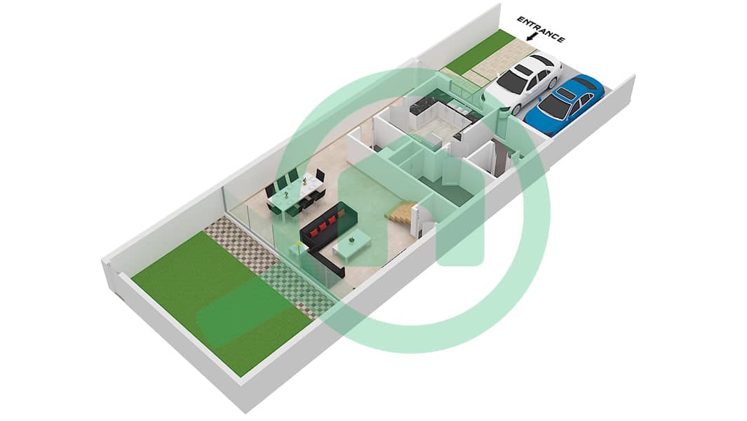 المخططات الطابقية لتصميم النموذج A تاون هاوس 3 غرف نوم - روبينيا Ground Floor interactive3D
