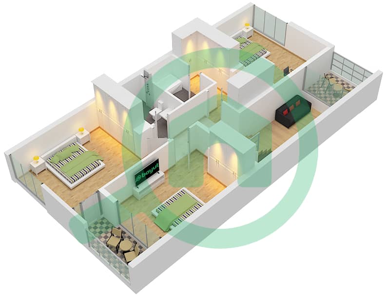 المخططات الطابقية لتصميم النموذج A تاون هاوس 3 غرف نوم - روبينيا First Floor interactive3D