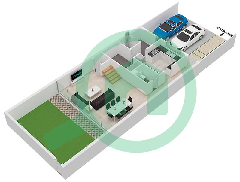 المخططات الطابقية لتصميم النموذج B تاون هاوس 3 غرف نوم - روبينيا Ground Floor interactive3D