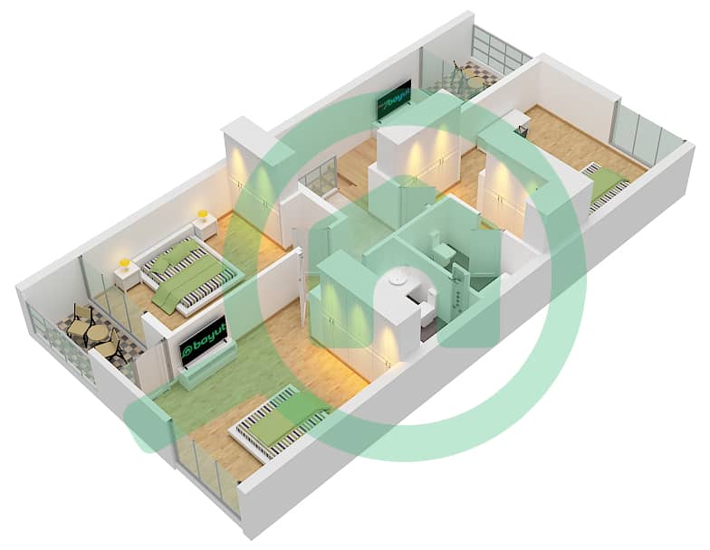 المخططات الطابقية لتصميم النموذج B تاون هاوس 3 غرف نوم - روبينيا First Floor interactive3D