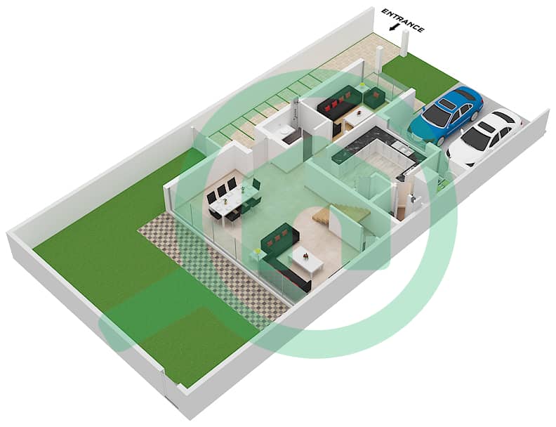 المخططات الطابقية لتصميم النموذج B1 تاون هاوس 4 غرف نوم - روبينيا Ground Floor interactive3D