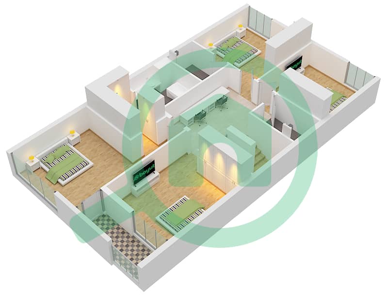 المخططات الطابقية لتصميم النموذج B1 تاون هاوس 4 غرف نوم - روبينيا First Floor interactive3D