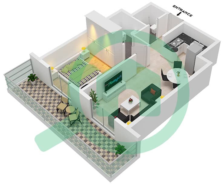 المخططات الطابقية لتصميم النموذج B شقة 1 غرفة نوم - برج هرقل interactive3D