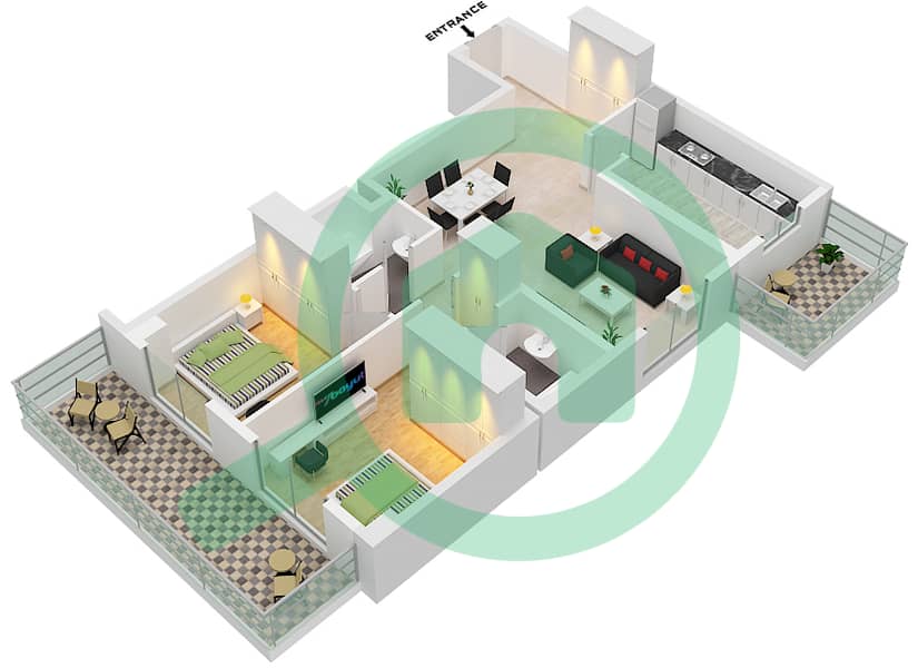 المخططات الطابقية لتصميم النموذج C شقة 2 غرفة نوم - برج هرقل interactive3D