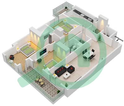 المخططات الطابقية لتصميم النموذج D شقة 3 غرف نوم - برج هرقل