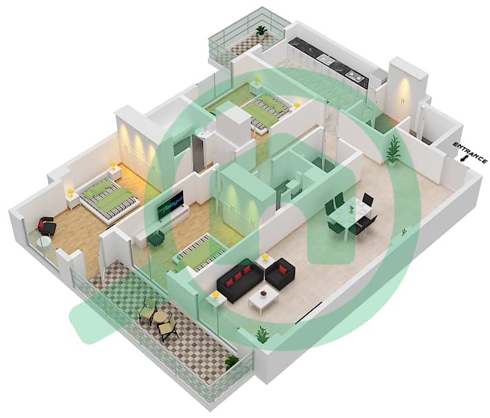 المخططات الطابقية لتصميم النموذج D شقة 3 غرف نوم - برج هرقل interactive3D