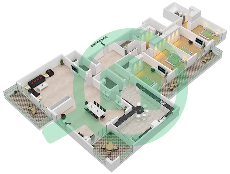 المخططات الطابقية لتصميم النموذج E شقة 4 غرف نوم - برج هرقل interactive3D