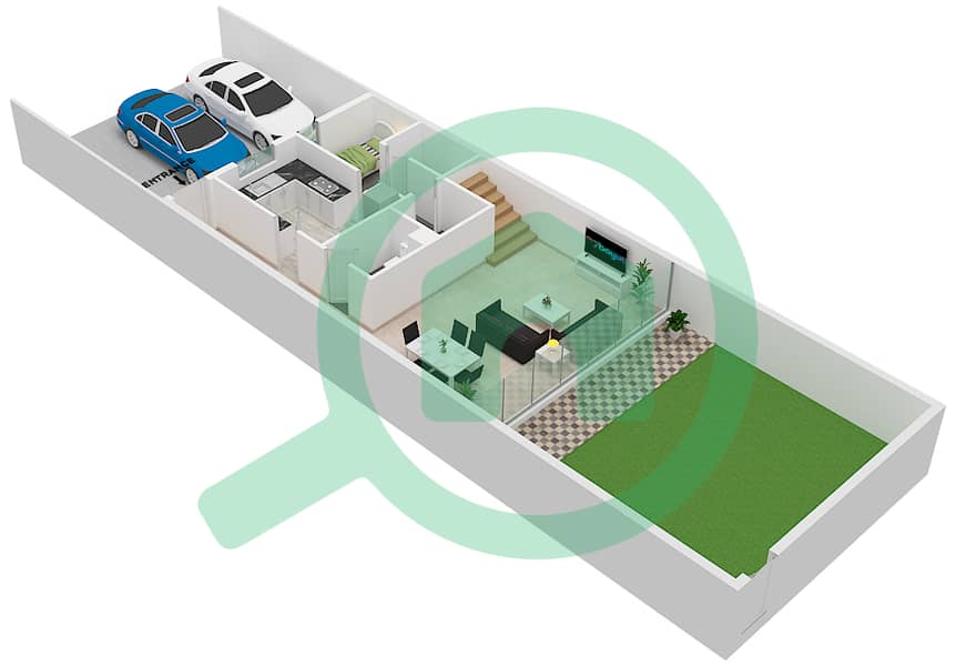 المخططات الطابقية لتصميم النموذج A1 تاون هاوس 2 غرفة نوم - أزاليا Ground Floor interactive3D