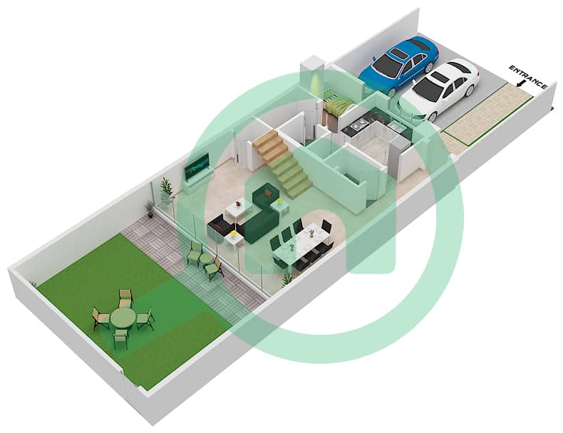 المخططات الطابقية لتصميم النموذج B1 تاون هاوس 3 غرف نوم - أزاليا Ground Floor interactive3D