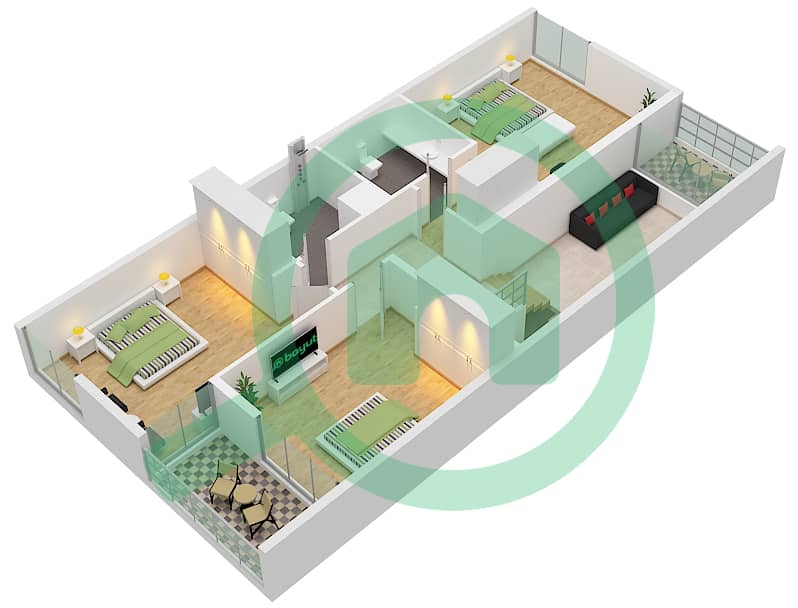 المخططات الطابقية لتصميم النموذج CORNER-END-B تاون هاوس 3 غرف نوم - أزاليا First Floor interactive3D