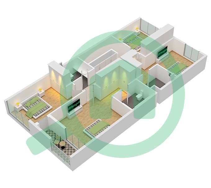 المخططات الطابقية لتصميم النموذج 1-B تاون هاوس 4 غرف نوم - أزاليا First Floor interactive3D