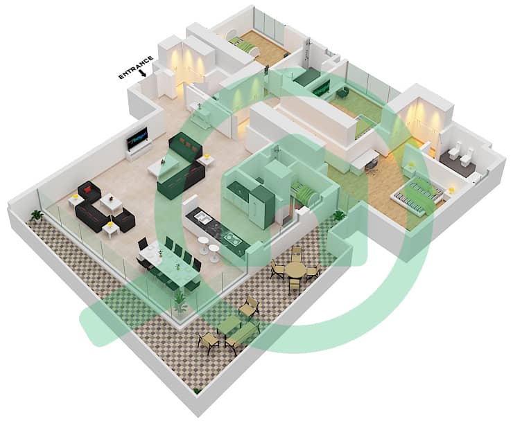 المخططات الطابقية لتصميم الوحدة 17 شقة 3 غرف نوم - سيسايد هيلز ريزيدنس interactive3D