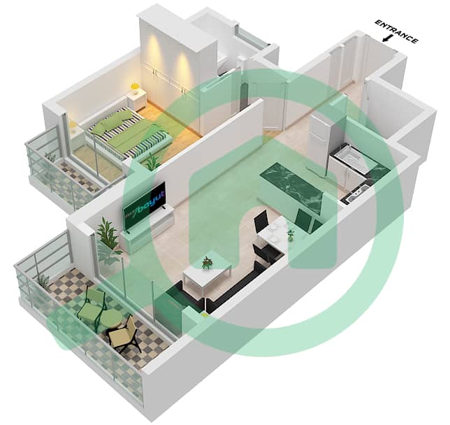 المخططات الطابقية لتصميم الوحدة 6 شقة 1 غرفة نوم - سكن الف نون interactive3D