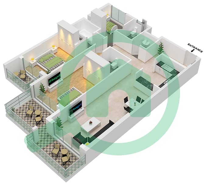 المخططات الطابقية لتصميم الوحدة 7 شقة 2 غرفة نوم - سكن الف نون interactive3D