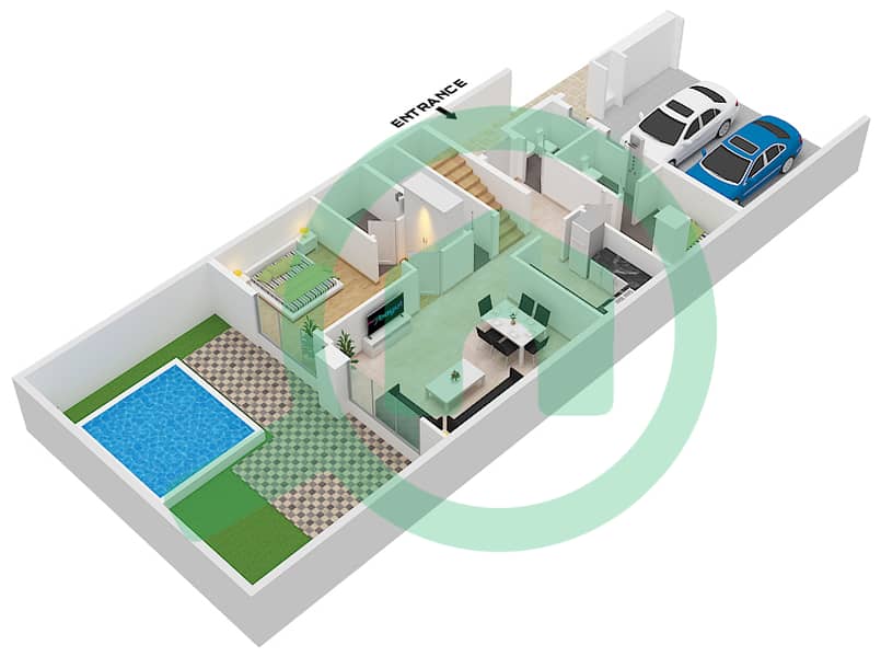 المخططات الطابقية لتصميم الوحدة MID تاون هاوس 4 غرف نوم - الحواس في الحقول Ground Floor interactive3D