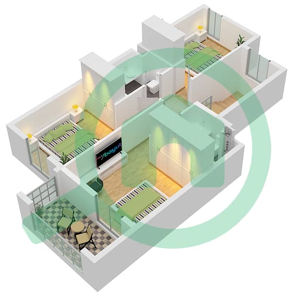 المخططات الطابقية لتصميم النموذج B تاون هاوس 3 غرف نوم - إيدن First Floor interactive3D