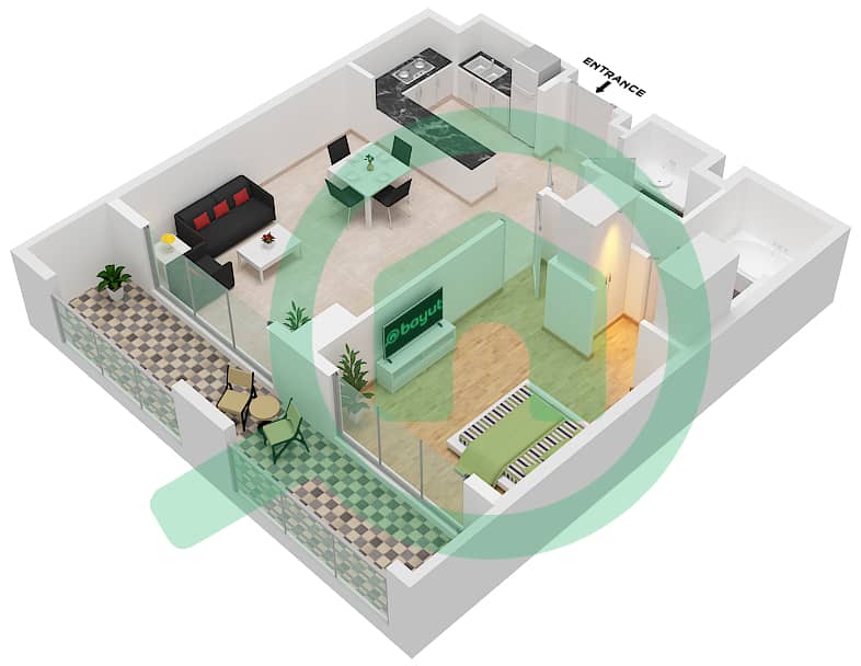 Al Andalus Tower D - 1 Bedroom Apartment Type A Floor plan interactive3D