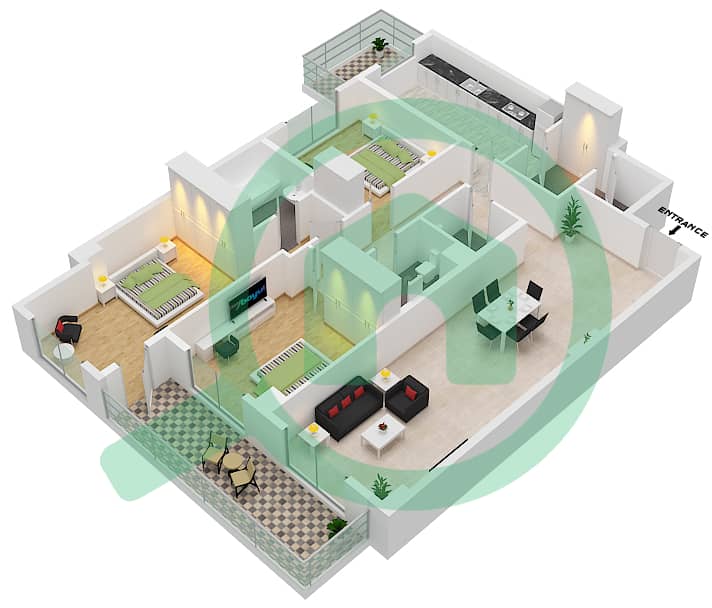 Ali Baba Tower - 3 Bedroom Apartment Type D Floor plan interactive3D