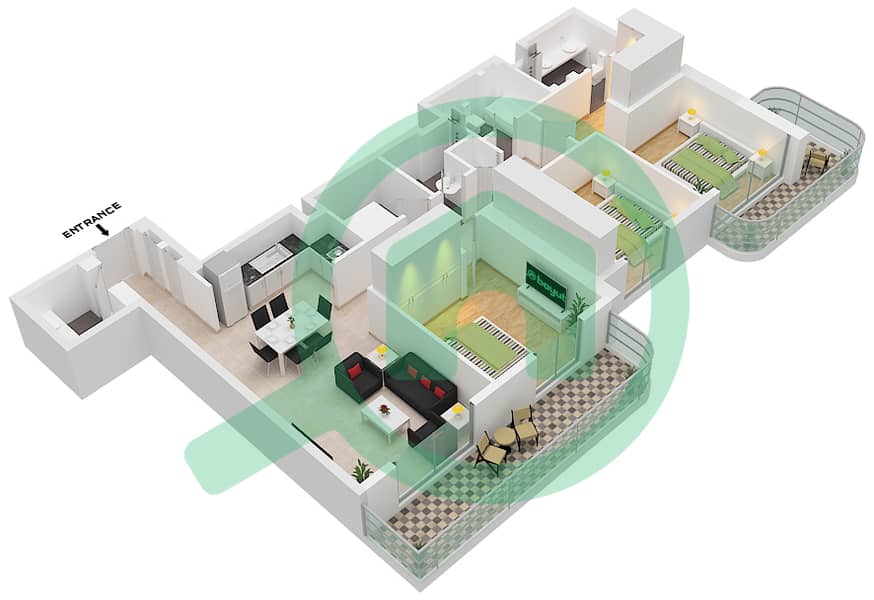 滨海景观2号大厦 - 3 卧室公寓类型／单位5/UNIT 5/FLOOR 36-37戶型图 Unit 5 Floor 36-37 interactive3D