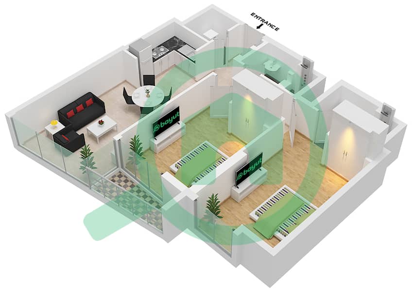 المخططات الطابقية لتصميم النموذج E-PODIUM 1,2-5,FLOOR 6,7 شقة 2 غرفة نوم - هارتلاند وافيز interactive3D