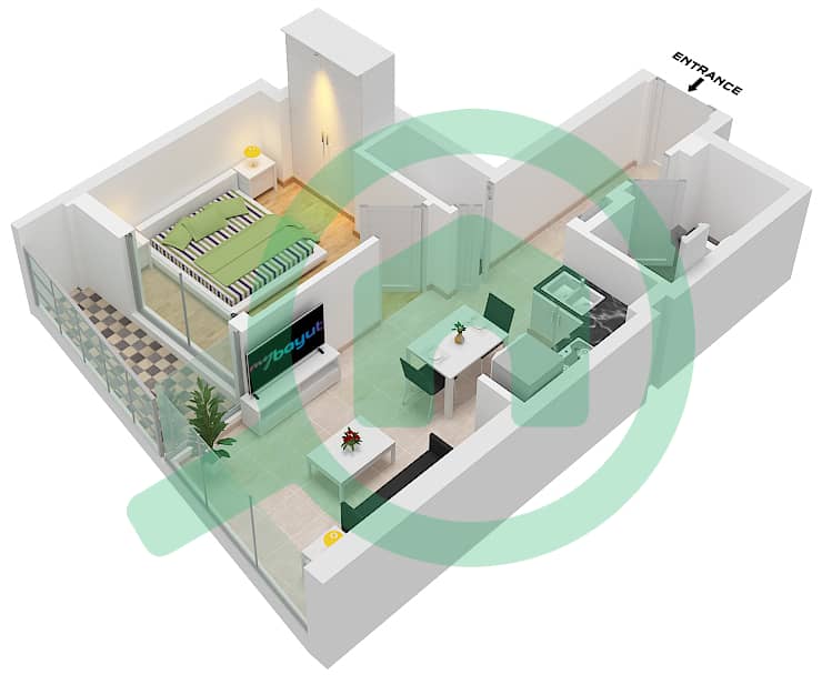 Hartland Waves - 1 Bedroom Apartment Type A-PODIUM 1,2-5, FLOOR 6,7 Floor plan interactive3D
