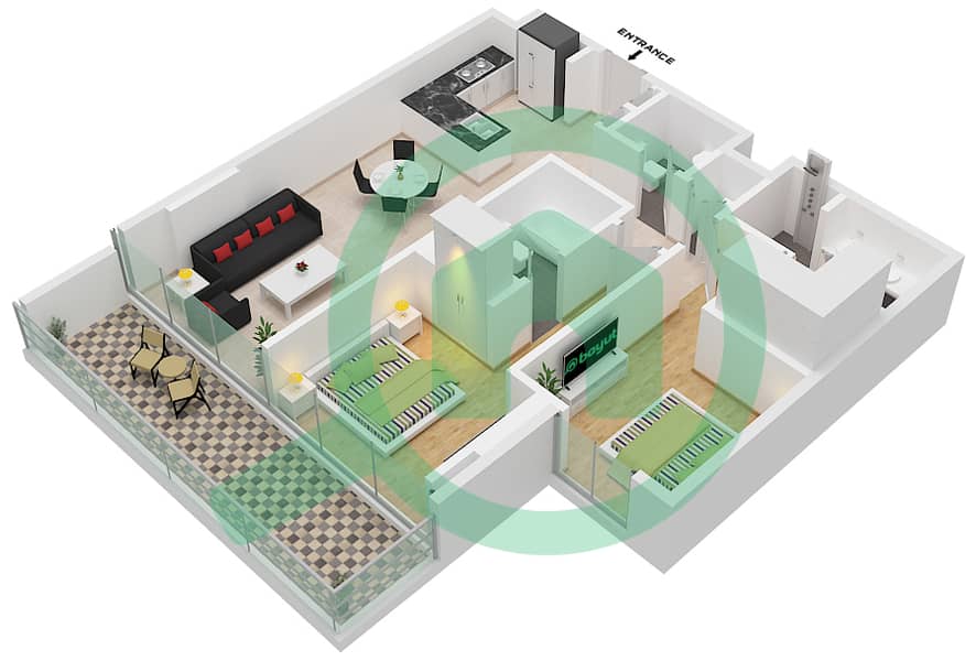 المخططات الطابقية لتصميم النموذج 3 شقة 2 غرفة نوم - DG1 ليفينج Floor 1-15 interactive3D