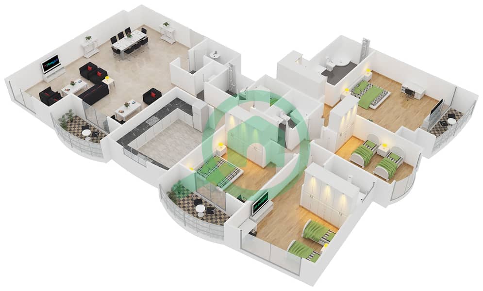 Лейк Вью Тауэр - Апартамент 4 Cпальни планировка Единица измерения 1 Floor 41-44 interactive3D